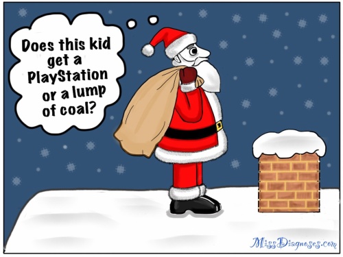 Santa stands on a rooftop and wonders if the kid who lives in the house gets a Playstation or a lump of coal