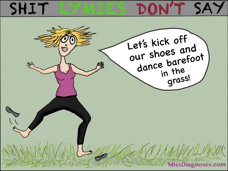 Woman suggest that we kick off our shoes and dance barefoot in the grass