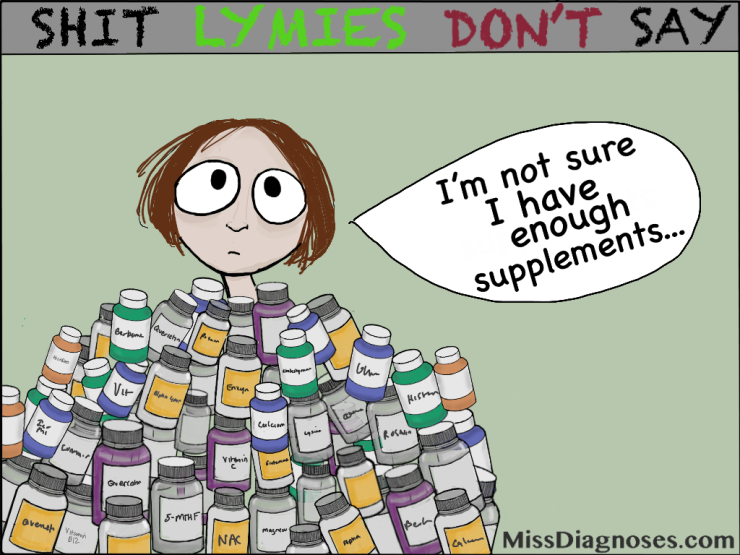  Woman covered in supplement bottles 